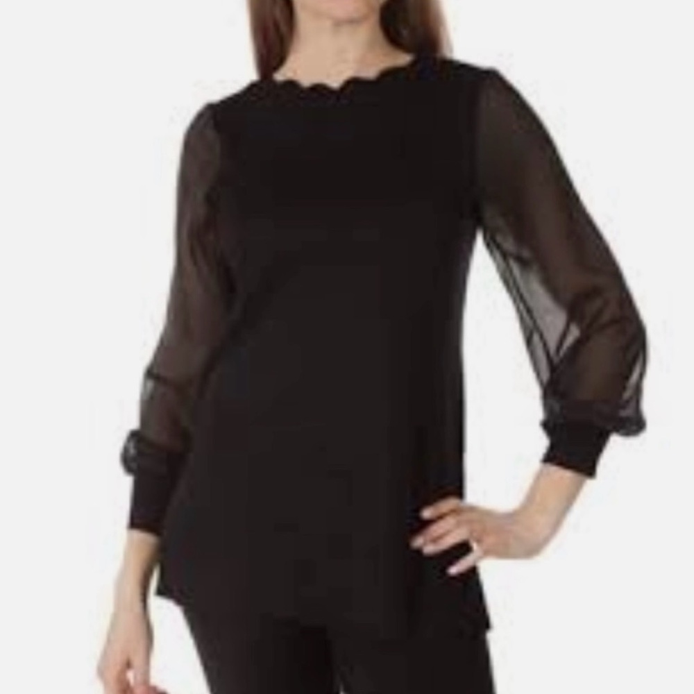Cable & Gauge Sheer Sleeve Black Blouse 2X EUC